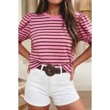 Stripe Short Puff Sleeve Loose Tee