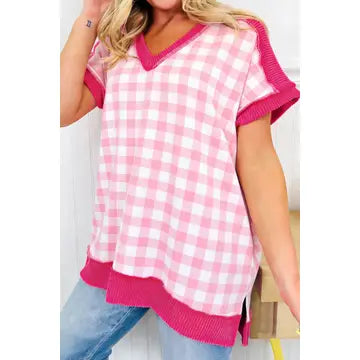 Dot Print Ruffle Trim V Neck Short Sleeve