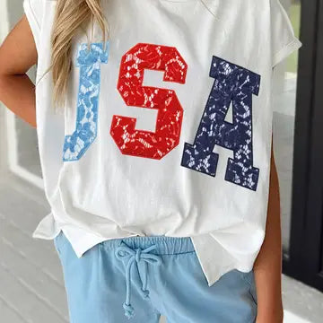 USA Lace Letter Dolman Tee Flag Day July 4th Top