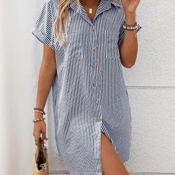 Striped Short Sleeve Shirt Dress Casual Summer Style