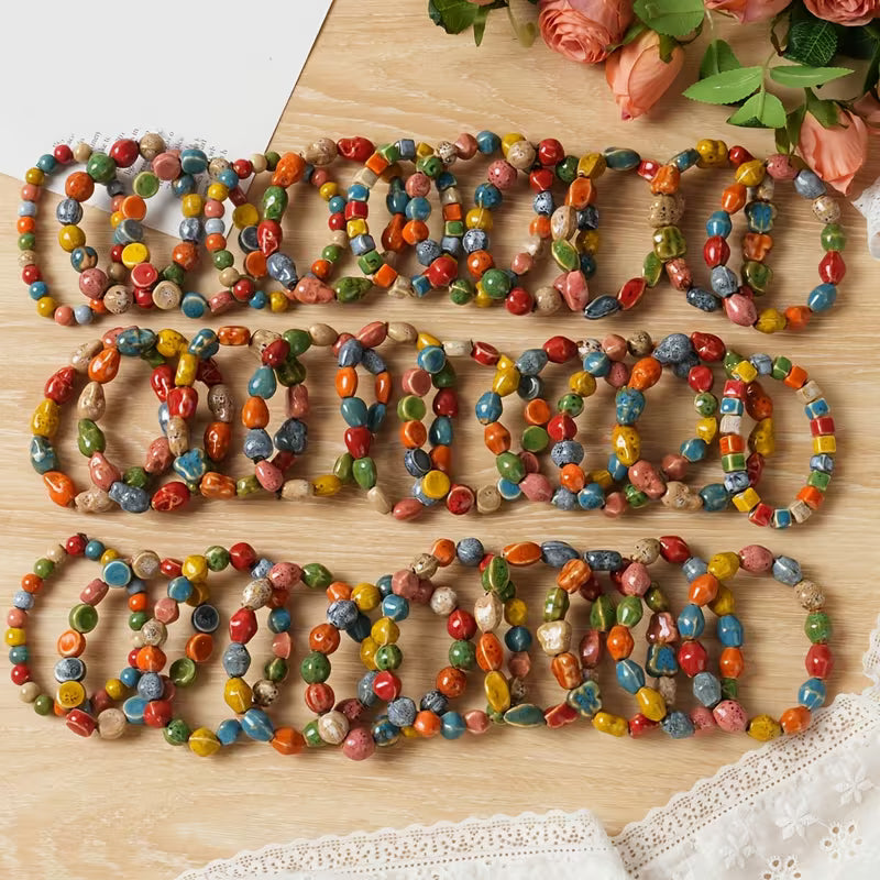 Retro Ethnic Style Colorful Ceramic Bead Elastic Bracelet
