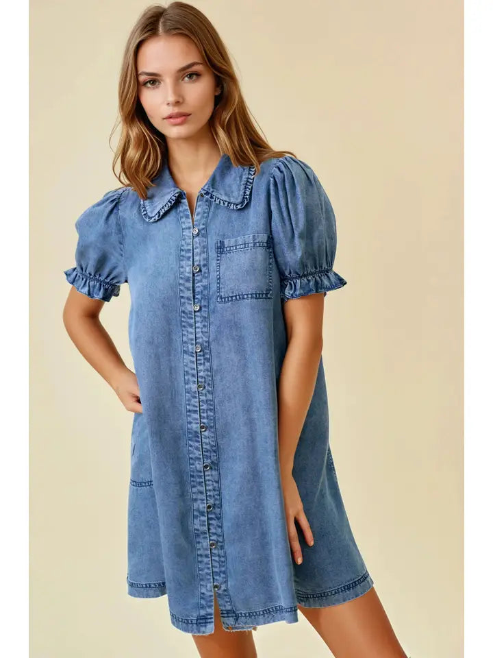 Denim Mini Ruffle Detail Rouleau Butto