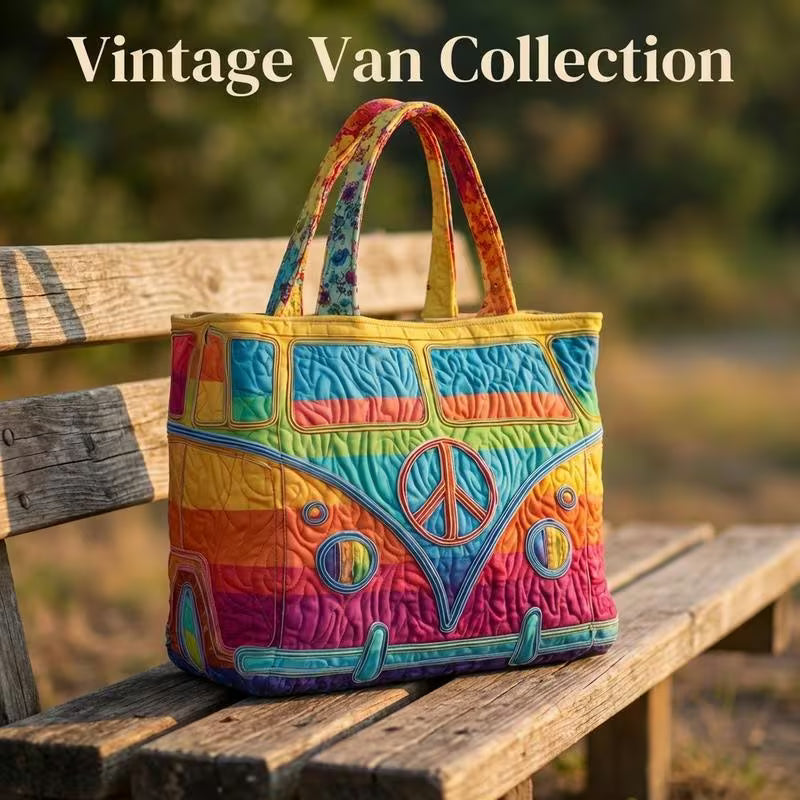 Boho Retro 70s Quilted Tote Bag with Rainbow Gradient & Peace Sign
