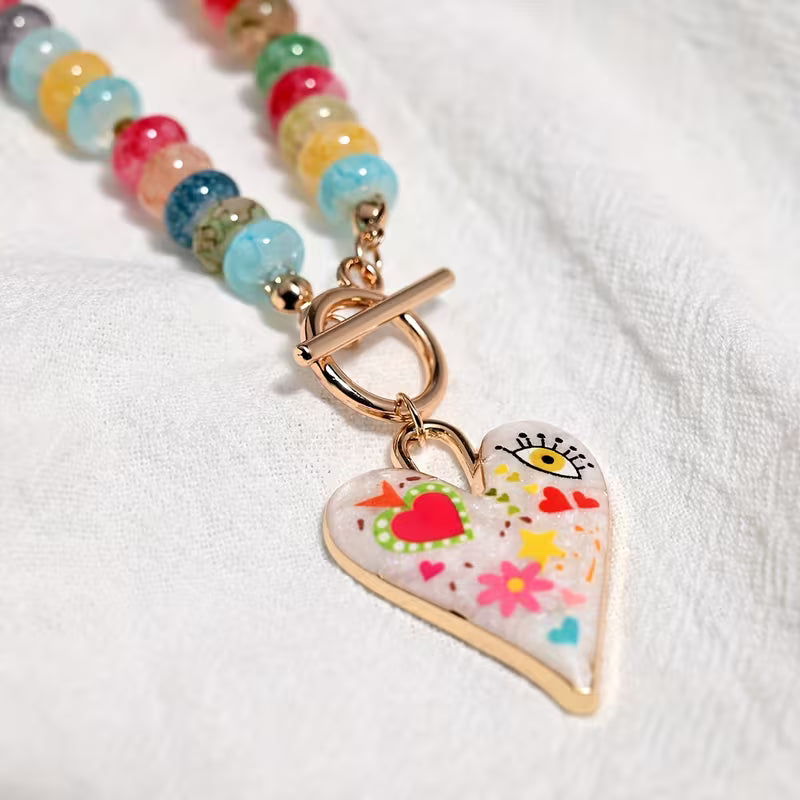 Colorful Glass Bead Necklace with Heart Pendant