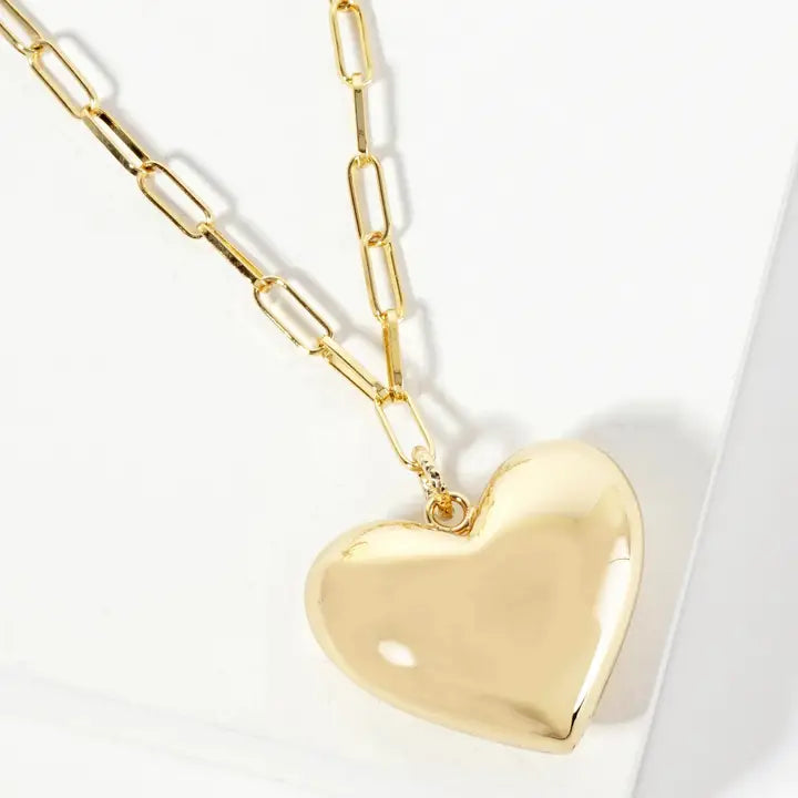 18K-Gold-Dipped 32mm Hollow Puffy Heart Pendant 18-inch Necklace