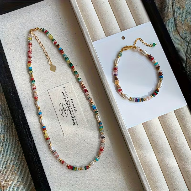 2pcs Bohemian Style and Colored Natural Stone Necklace and Bracelet Set
