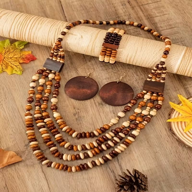 Bohemian Wooden Bead Necklace set