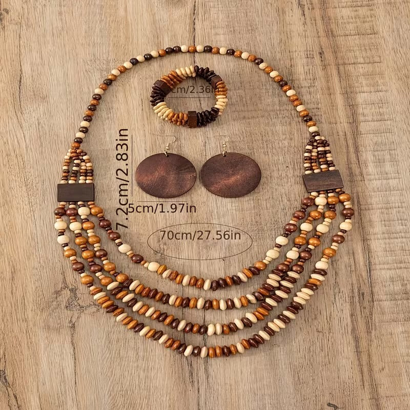 Bohemian Wooden Bead Necklace set