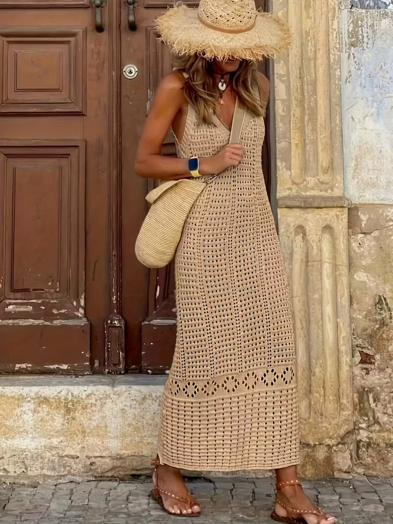 Hollow-Out Solid Color Sexy Long Dress with Round Neck