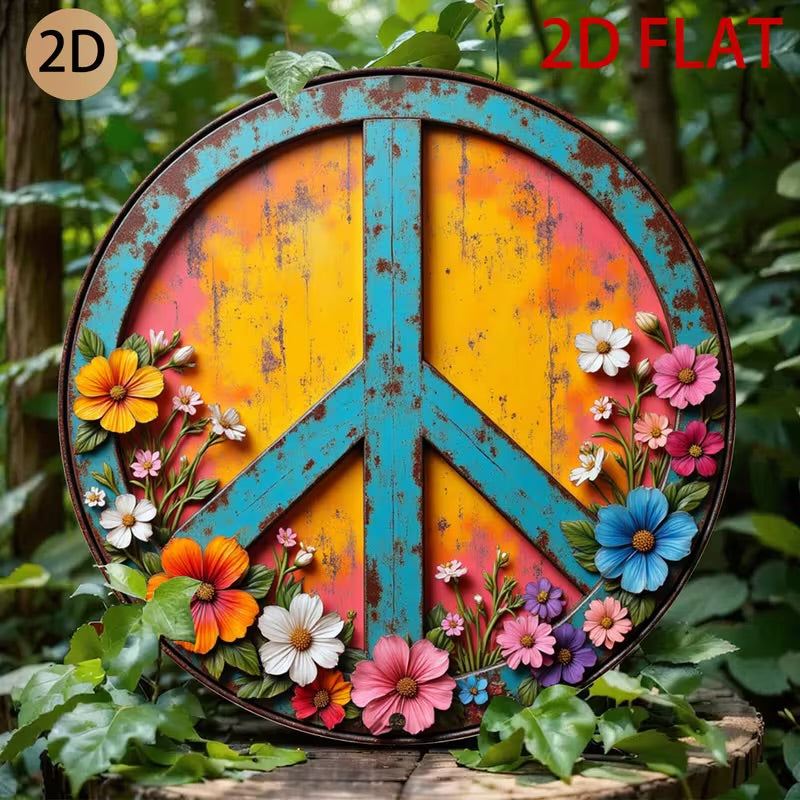 Retro Tin Metal Wall Art Featuring a Circular Peace Sign