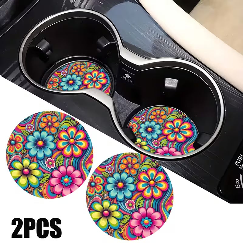 Colorful Psychedelic Flowers Pattern Car Coasters