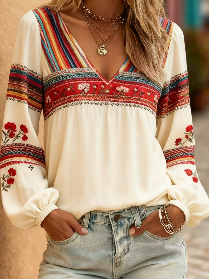 Bohemian Floral Printed Lantern-sleeved V-neck Long-sleeved