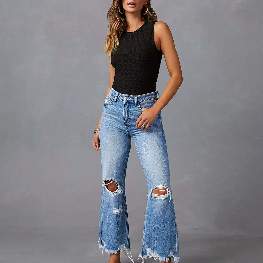High Waist Distressed Wide Leg Denim Pants