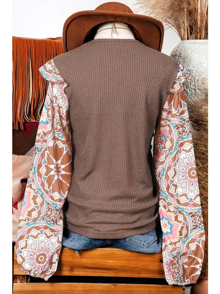 Fall Ruffled Waffle Brown Blouse