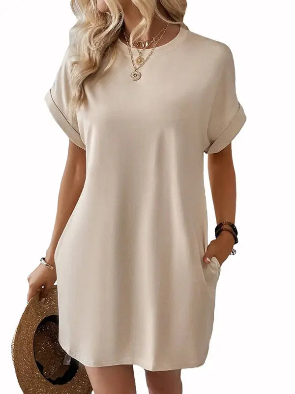 Relaxed Fit Cotton Short Sleeve Pocket Dress For Summer