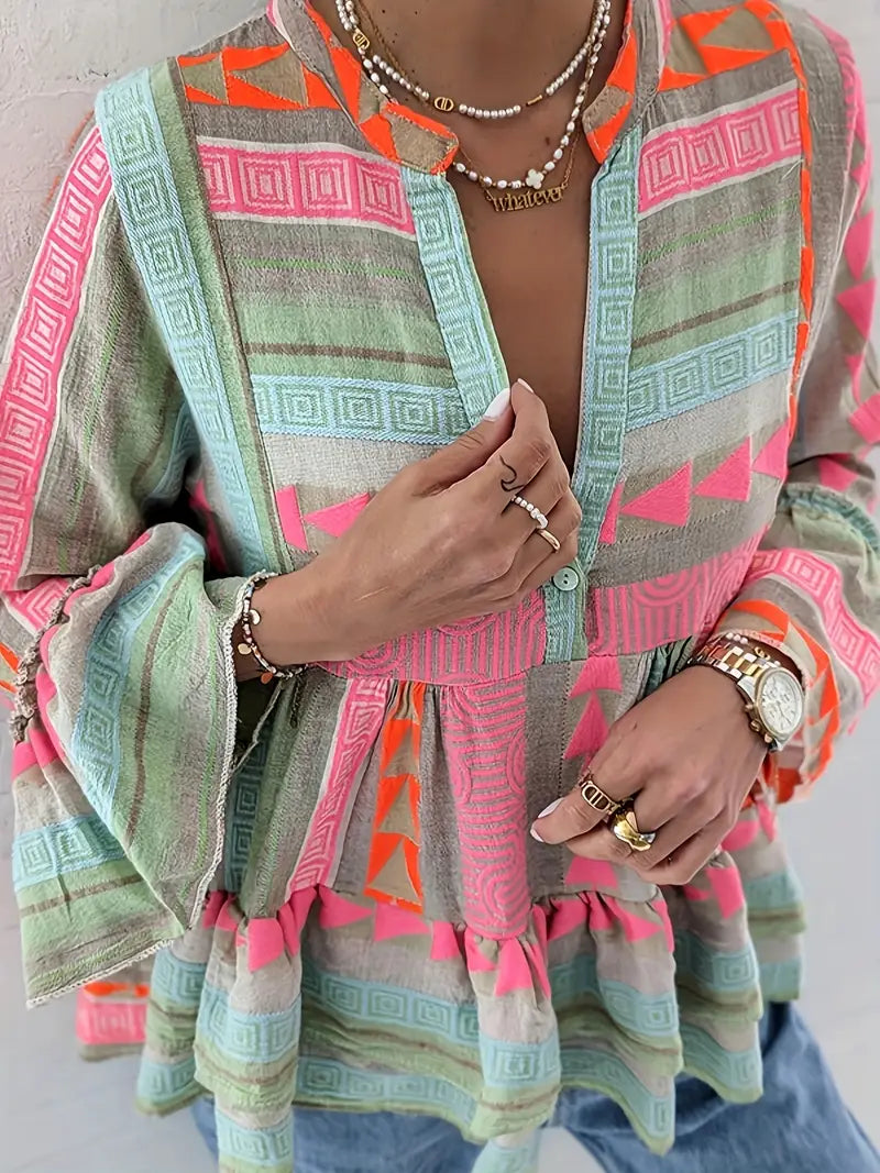 French Colorful Ethnic Print Bell Sleeve Blouse Dress