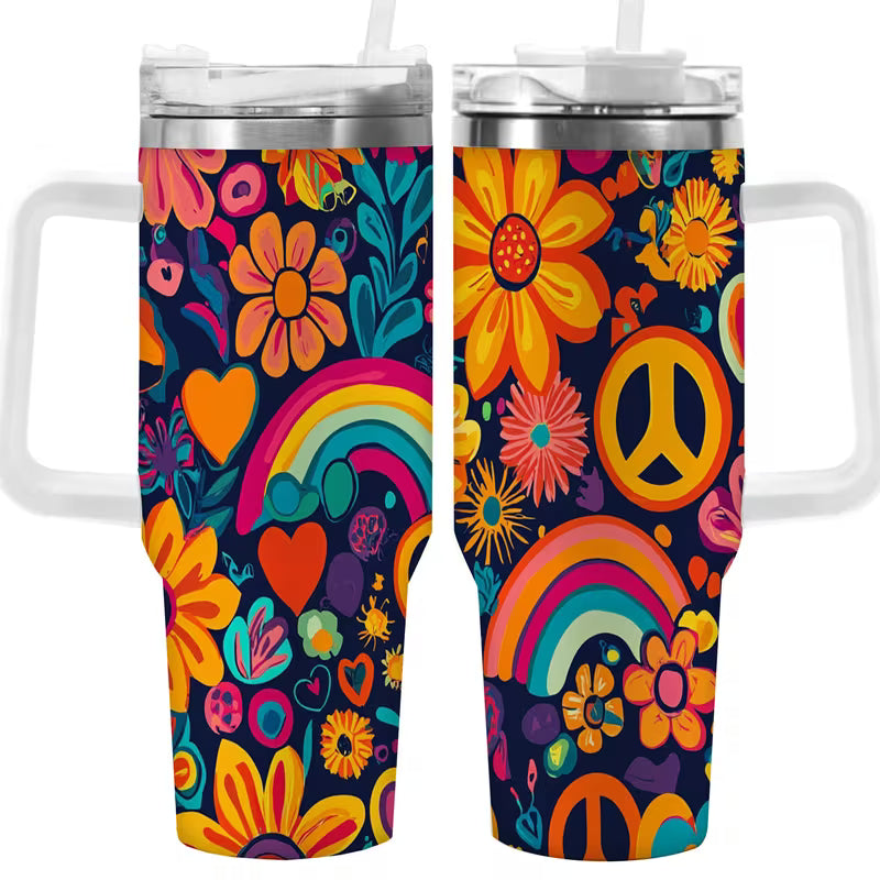 40oz Colorful Floral and Peace Symbol Tumbler with lid,